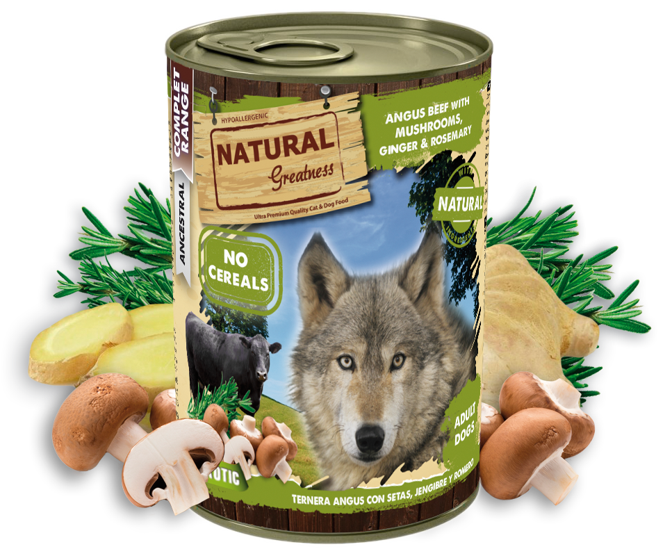 Comida húmeda Natural Greatness Ternera Angus con Setas, Jengibre y Romero