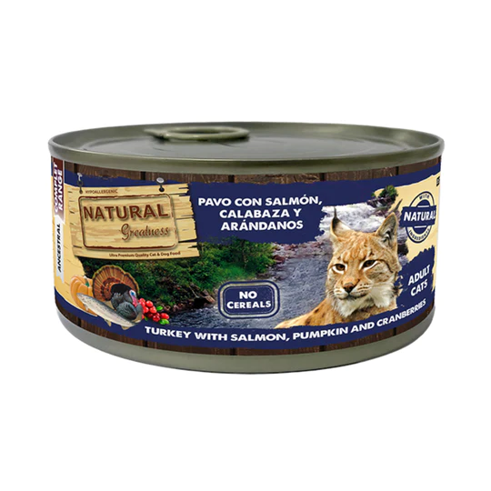 Comida húmeda Natural Greatness Pavo con Salmón, Calabaza y Arándanos