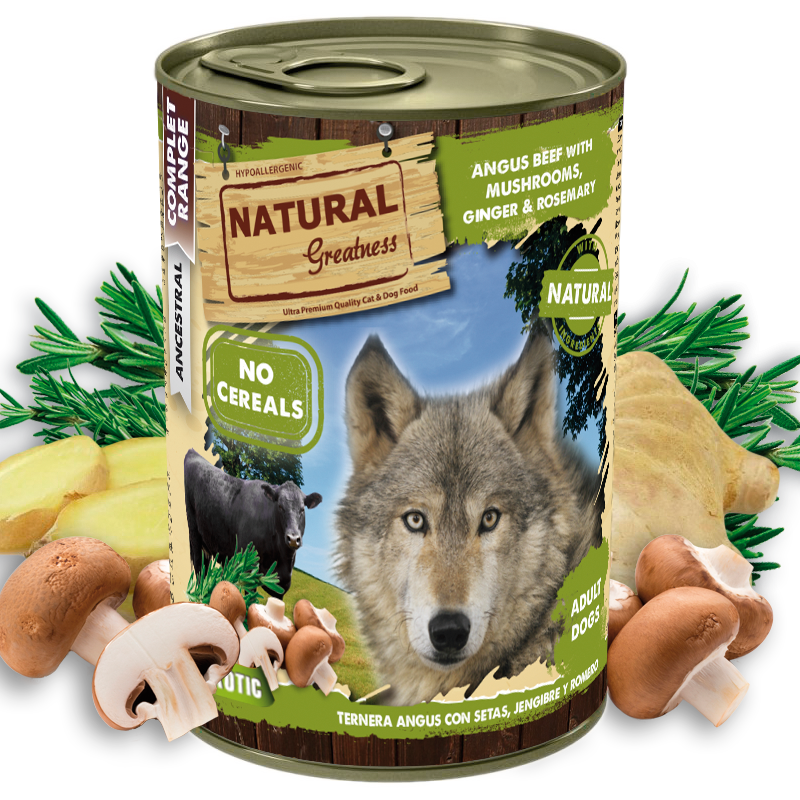 Comida húmeda Natural Greatness Ternera Angus con Setas, Jengibre y Romero