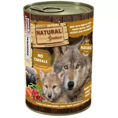 Comida húmeda Natural Greatness Vacuno con Cerdo Ibérico, Judías Verdes, Boniato y Arándanos
