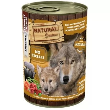 Comida húmeda Natural Greatness Vacuno con Cerdo Ibérico, Judías Verdes, Boniato y Arándanos